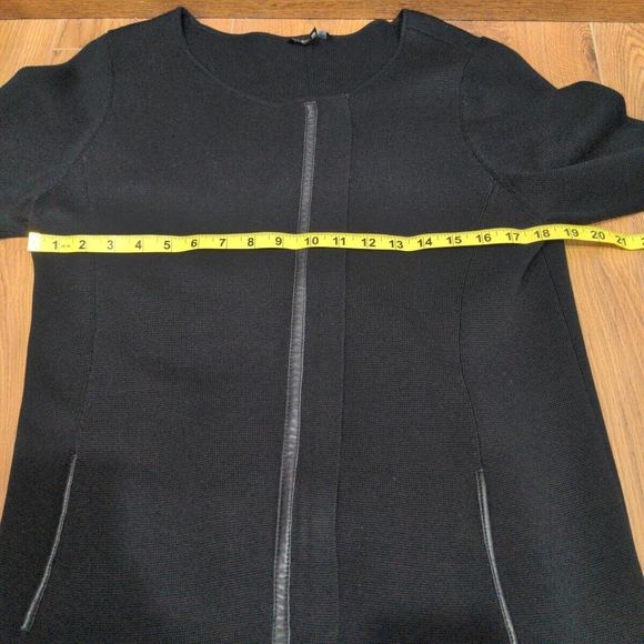 Eileen Fisher Petite Silk Knit Long Sweater Jacket Size PM Black Leather Trim - Picture 12 of 14